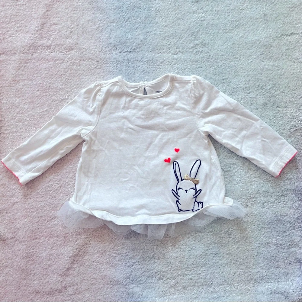 Gymboree Baby White Top with Embroidered Bunny and Tulle Hem - Size 6-12 mos